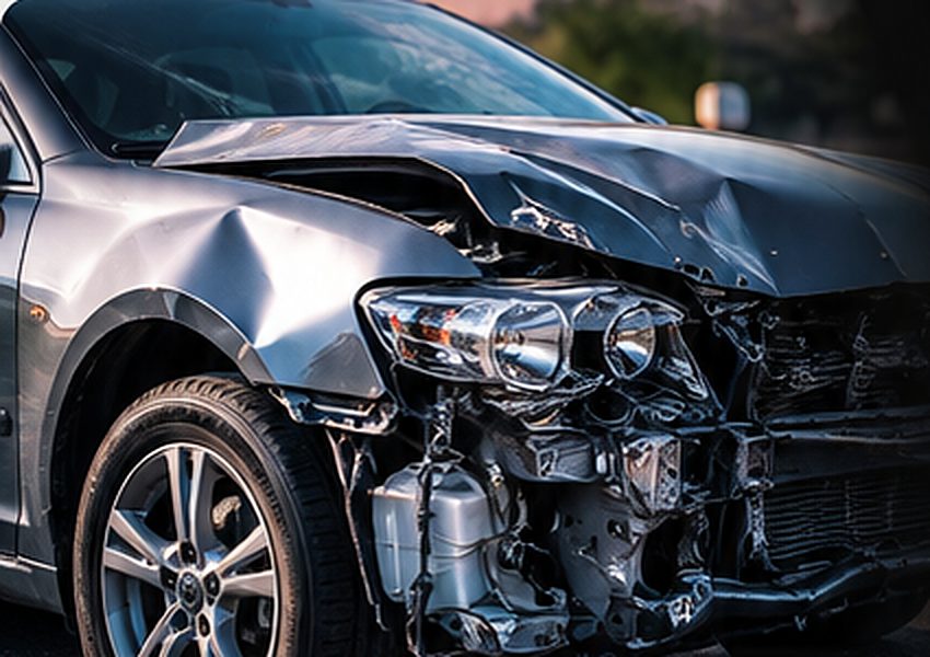Carro prata com a frente destruída depois de uma colisão