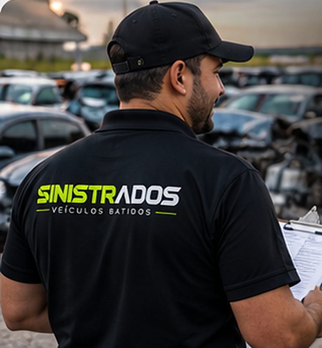 Avaliador da Sinistrados de costas, com prancheta, em um pátio de veículos