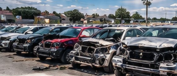Carros batidos enfileirados em um pátio